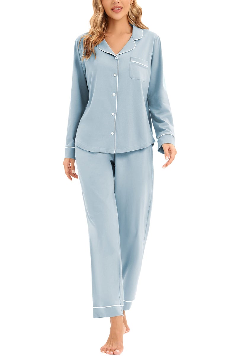 LUBOT Women's Pajamas Set Cotton PJ Set for Women Long Sleeve Button-Down Shirt PJ Pants Two-piece Set Warm Night Suit Sleepwear Loungewear (Baby Blue, L) - Image 2