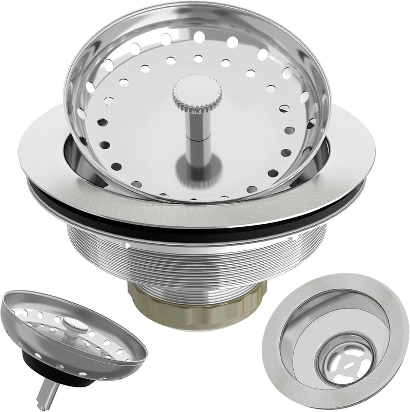 Exakey Kitchen Sink Drain 3-1/2 Inch Brushed Stainless Steel Sink Drain Strainer Assembly Kit with Sink Strainer Basket and Drain Stopper for Standard Kitchen Drains Brush Nickel Silver - Image 1