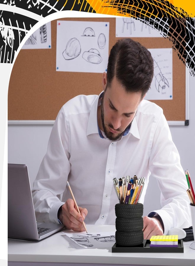 حامل أقلام على شكل إطار سيارة من فولهاول مع حامل ملاحظات لاصقة، مجموعة أدوات، وعاء زراعة، حامل أقلام رصاص، منظم مكتب، لوازم مكتبية منزلية، هدية لمحبي السيارات والميكانيكا (أسود) - Image 4