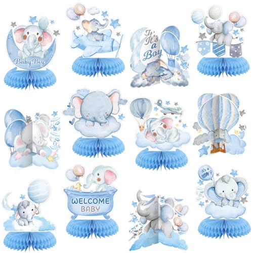 Moinchore 12 Pcs Blue Baby Shower Decorations Elephant Honeycomb Table Centerpieces Balloons Star Moon Elephant Table Topper Decoration for Gender Reveal Birthday Party Favors Supplies - Image 1