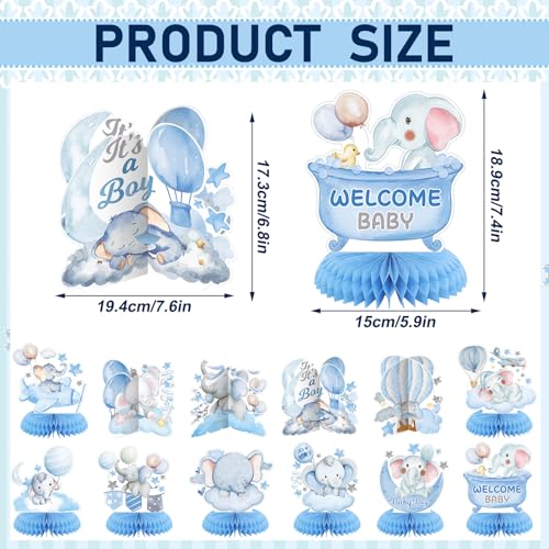 Moinchore 12 Pcs Blue Baby Shower Decorations Elephant Honeycomb Table Centerpieces Balloons Star Moon Elephant Table Topper Decoration for Gender Reveal Birthday Party Favors Supplies - Image 5