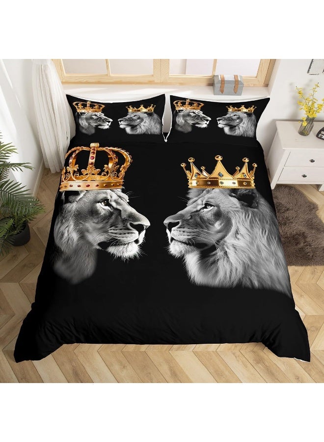 Castle Fairy Wild Lion Couple Bedding Set Queen Size, Gold King and Queen Crown Duvet Cover Set for Children Bedroom Present, Tropical African Animal Microfiber Comforter Cover with 2 Pillowcases  - Image 1
