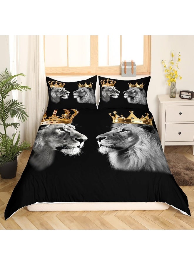 Castle Fairy Wild Lion Couple Bedding Set Queen Size, Gold King and Queen Crown Duvet Cover Set for Children Bedroom Present, Tropical African Animal Microfiber Comforter Cover with 2 Pillowcases  - Image 2