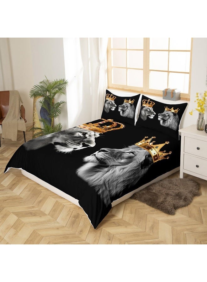 Castle Fairy Wild Lion Couple Bedding Set Queen Size, Gold King and Queen Crown Duvet Cover Set for Children Bedroom Present, Tropical African Animal Microfiber Comforter Cover with 2 Pillowcases  - Image 3
