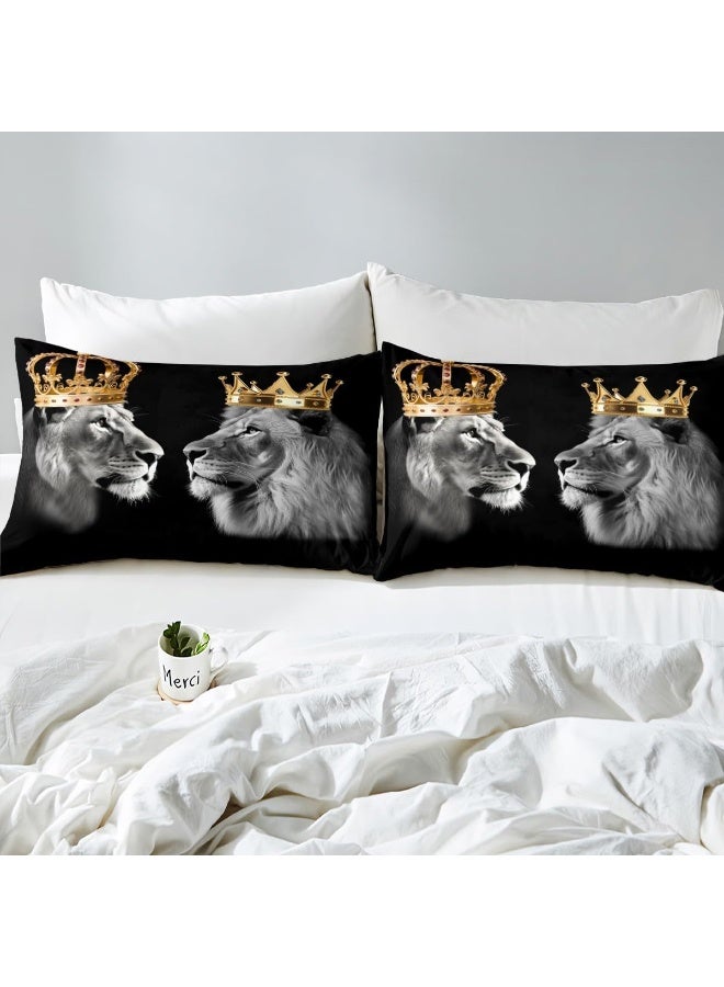 Castle Fairy Wild Lion Couple Bedding Set Queen Size, Gold King and Queen Crown Duvet Cover Set for Children Bedroom Present, Tropical African Animal Microfiber Comforter Cover with 2 Pillowcases  - Image 4
