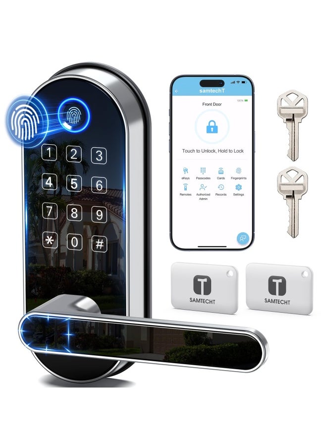samtechT Keyless Entry Smart Door Lock with Door Handle  Wi-Fi Digital Fingerprint Door Lock  Door Lock for Front Door  Front Door Bluetooth Smart Lock  Door Lever  Door Knob  Deadbolt Alternatives  - Image 1