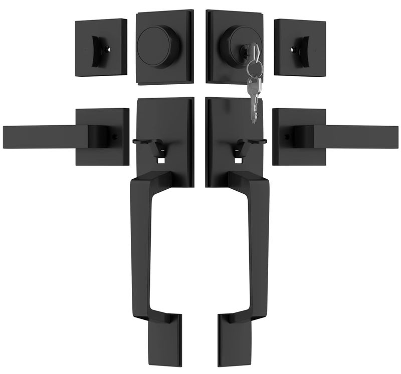 Haidms Matte Black Double Door Door Lock Set, Heavy Duty Double Door Handle with Deadbolt and Dummy, Double Front Door Hardware Set with Reversible Handle Lever - Image 1
