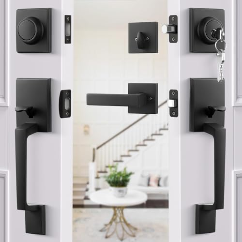 Haidms Matte Black Double Door Door Lock Set, Heavy Duty Double Door Handle with Deadbolt and Dummy, Double Front Door Hardware Set with Reversible Handle Lever - Image 2