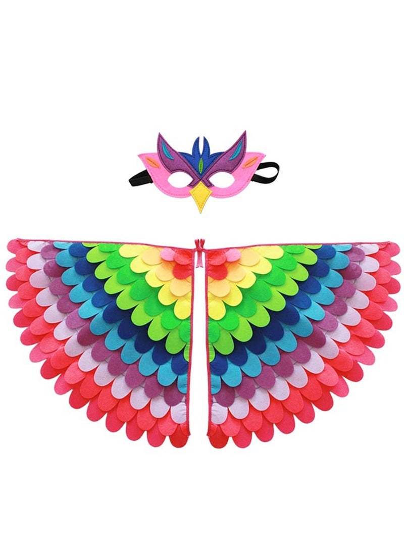 MissTiara قطعتان من أجنحة الطيور للأطفال، عباءة البومة، الببغاء، الطاووس، فستان ملون، فستان فاخر للأولاد والبنات، رأس من اللباد مع قناع العين للحفلات المدرسية، ألعاب التظاهر، أزياء تنكرية - Image 2