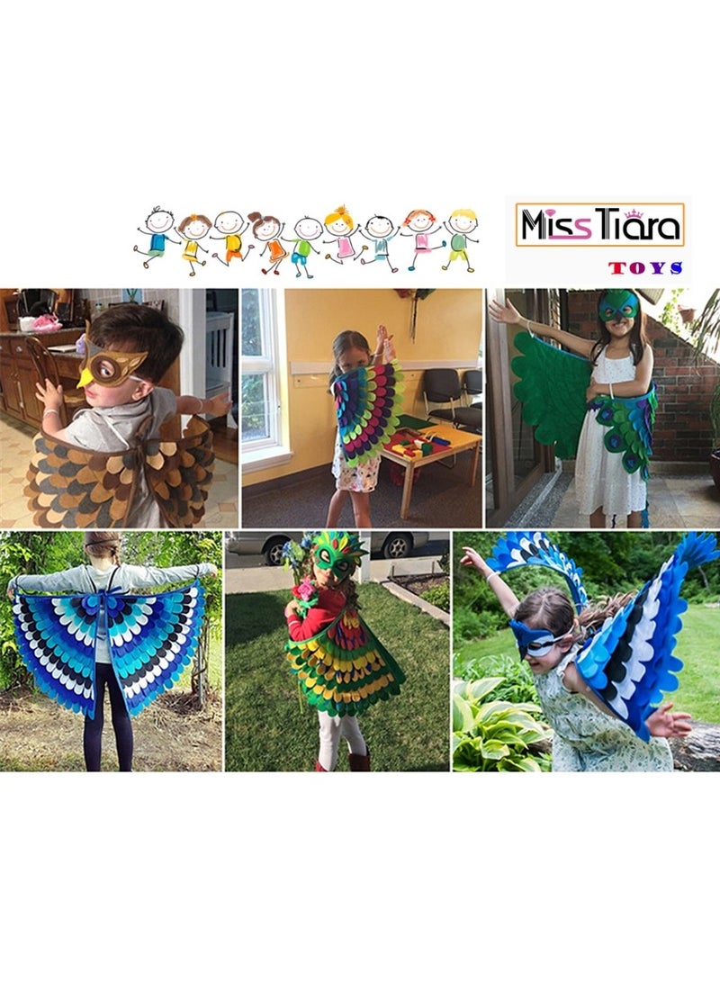 MissTiara قطعتان من أجنحة الطيور للأطفال، عباءة البومة، الببغاء، الطاووس، فستان ملون، فستان فاخر للأولاد والبنات، رأس من اللباد مع قناع العين للحفلات المدرسية، ألعاب التظاهر، أزياء تنكرية - Image 4