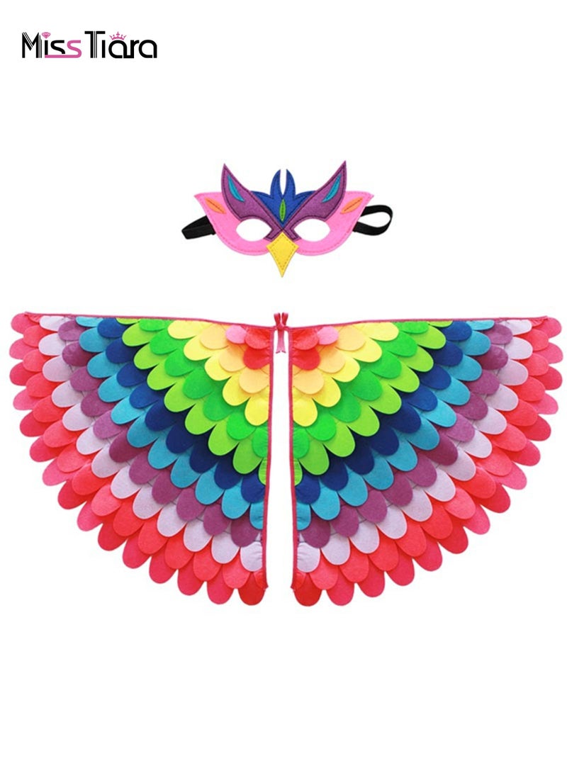 MissTiara قطعتان من أجنحة الطيور للأطفال، عباءة البومة، الببغاء، الطاووس، فستان ملون، فستان فاخر للأولاد والبنات، رأس من اللباد مع قناع العين للحفلات المدرسية، ألعاب التظاهر، أزياء تنكرية - Image 1