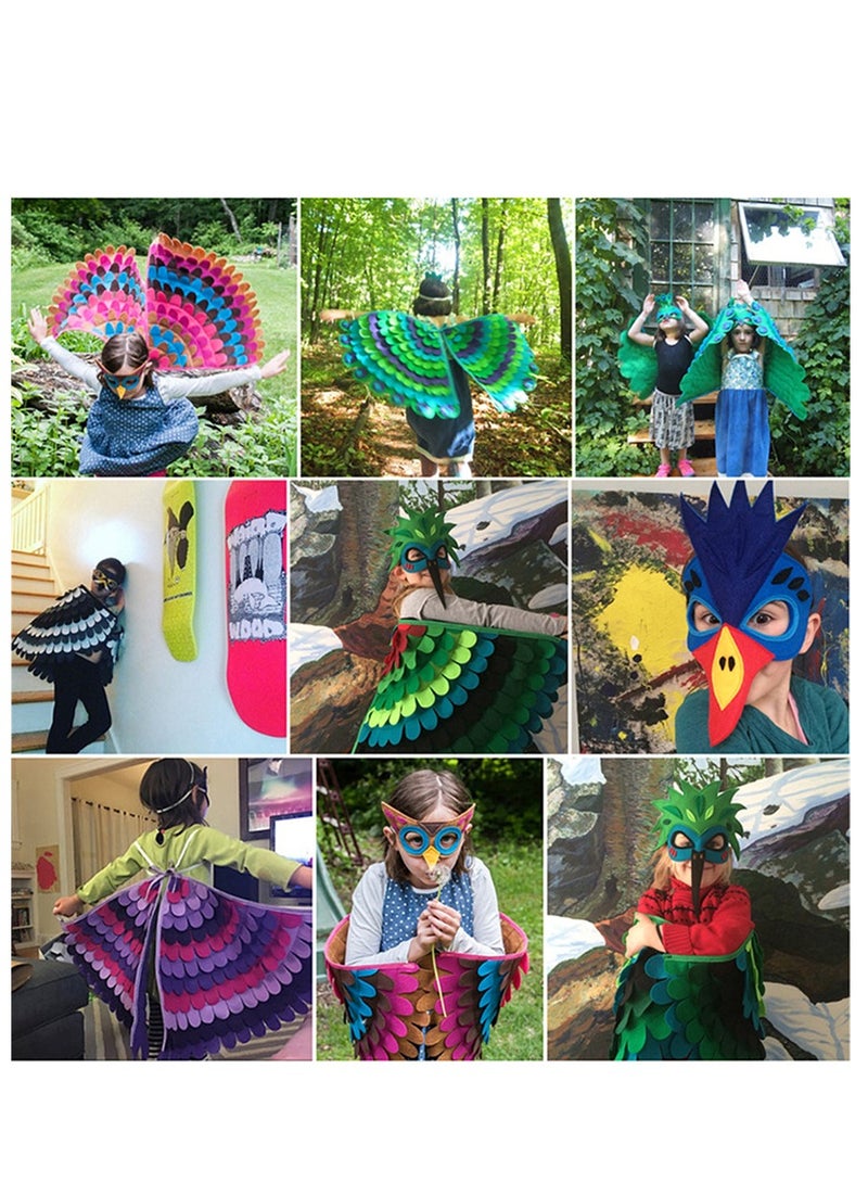 MissTiara قطعتان من أجنحة الطيور للأطفال، عباءة البومة، الببغاء، الطاووس، فستان ملون، فستان فاخر للأولاد والبنات، رأس من اللباد مع قناع العين للحفلات المدرسية، ألعاب التظاهر، أزياء تنكرية - Image 3