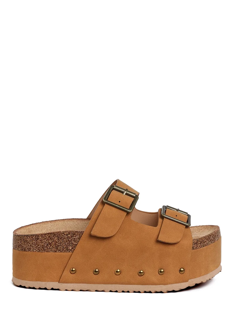 London Rag Studded Faux Leather Slip Ons in Tan