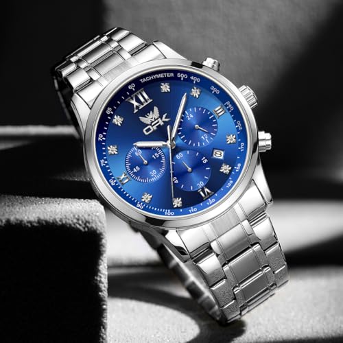 OPK Watch for Men Diamond Silver Blue Analog Watches Waterproof Stainless Steel Casual Business Wristwatch - Image 2