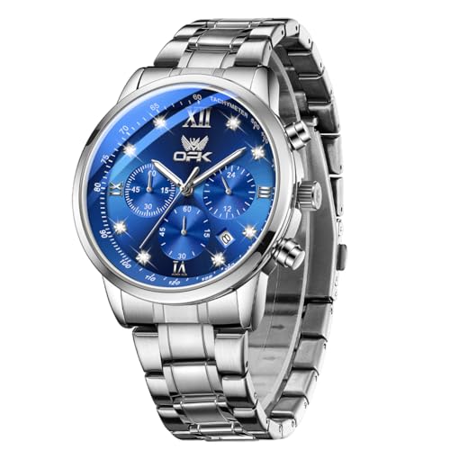 OPK Watch for Men Diamond Silver Blue Analog Watches Waterproof Stainless Steel Casual Business Wristwatch - Image 1