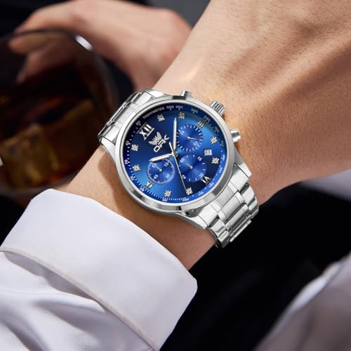 OPK Watch for Men Diamond Silver Blue Analog Watches Waterproof Stainless Steel Casual Business Wristwatch - Image 3