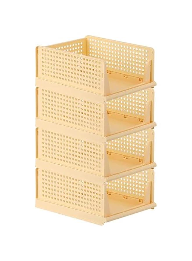 HOOKOR Stackable Plastic Storage Basket, 4 Pack Large Foldable Closet Organizer, Stackable Drawer for Wardrobe Cabinet Kitchen Bathroom Office (Yellow) - Image 1