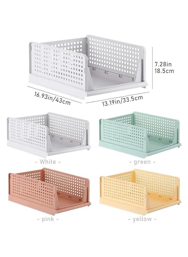 HOOKOR Stackable Plastic Storage Basket, 4 Pack Large Foldable Closet Organizer, Stackable Drawer for Wardrobe Cabinet Kitchen Bathroom Office (Yellow) - Image 3