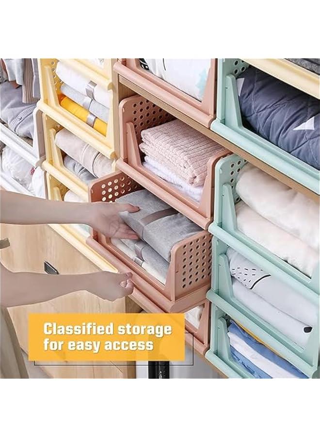 HOOKOR Stackable Plastic Storage Basket, 4 Pack Large Foldable Closet Organizer, Stackable Drawer for Wardrobe Cabinet Kitchen Bathroom Office (Yellow) - Image 4