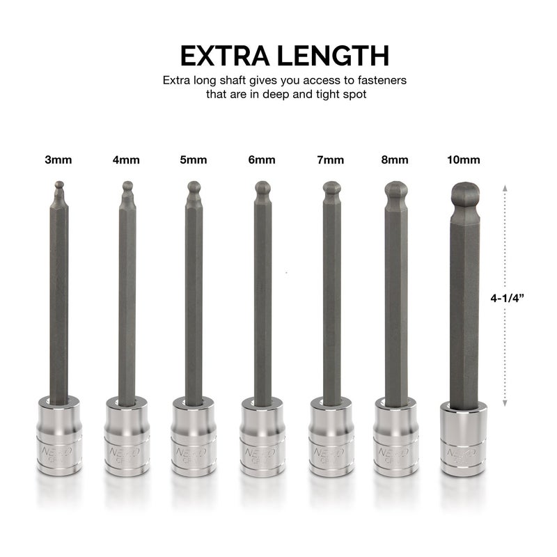 Neiko 10243A 3/8-Inch-Drive Extra-Long Ball-End Hex-Bit Socket Set, Metric Sockets 3/8" or 3 to 10 mm, S2 Steel, 7-Piece Set - Image 4