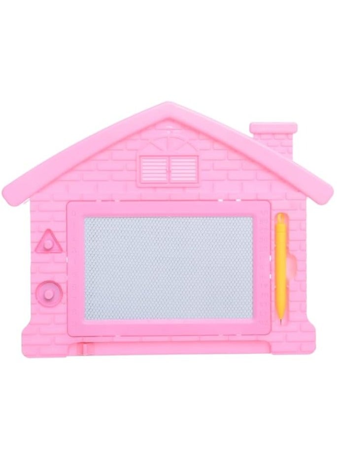 أروما لوح رسم وكتابة مغناطيسي للأطفال - لوحة رسم قابلة للمسح على شكل منزل مع طوابع - لعبة تعليمية إبداعية - 20 × 25 سم - بلاستيك وردي - Image 1