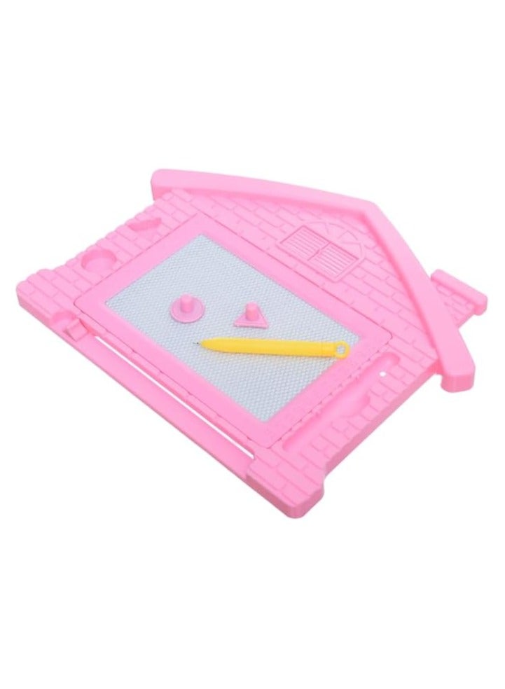 أروما لوح رسم وكتابة مغناطيسي للأطفال - لوحة رسم قابلة للمسح على شكل منزل مع طوابع - لعبة تعليمية إبداعية - 20 × 25 سم - بلاستيك وردي - Image 2