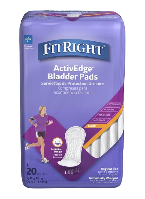FitRight Incontinence Bladder Control Pads, Light Absorbency, 3.5" x 9", 20 Count (Pack of 12)
