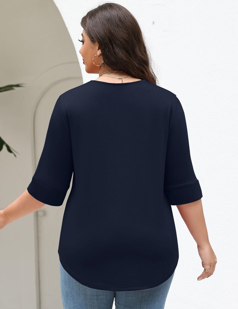 TFSDOD Plus Size Womens Tops Elbow Length Sleeve Tee Shirts for Women Spring Break Outfit V Neck Summer Clothes Navy Blue 3XL - Image 3