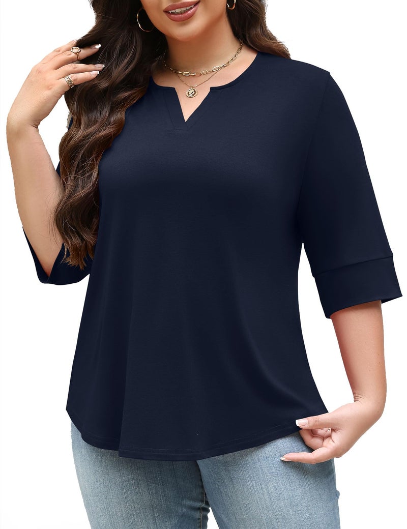 TFSDOD Plus Size Womens Tops Elbow Length Sleeve Tee Shirts for Women Spring Break Outfit V Neck Summer Clothes Navy Blue 3XL - Image 2