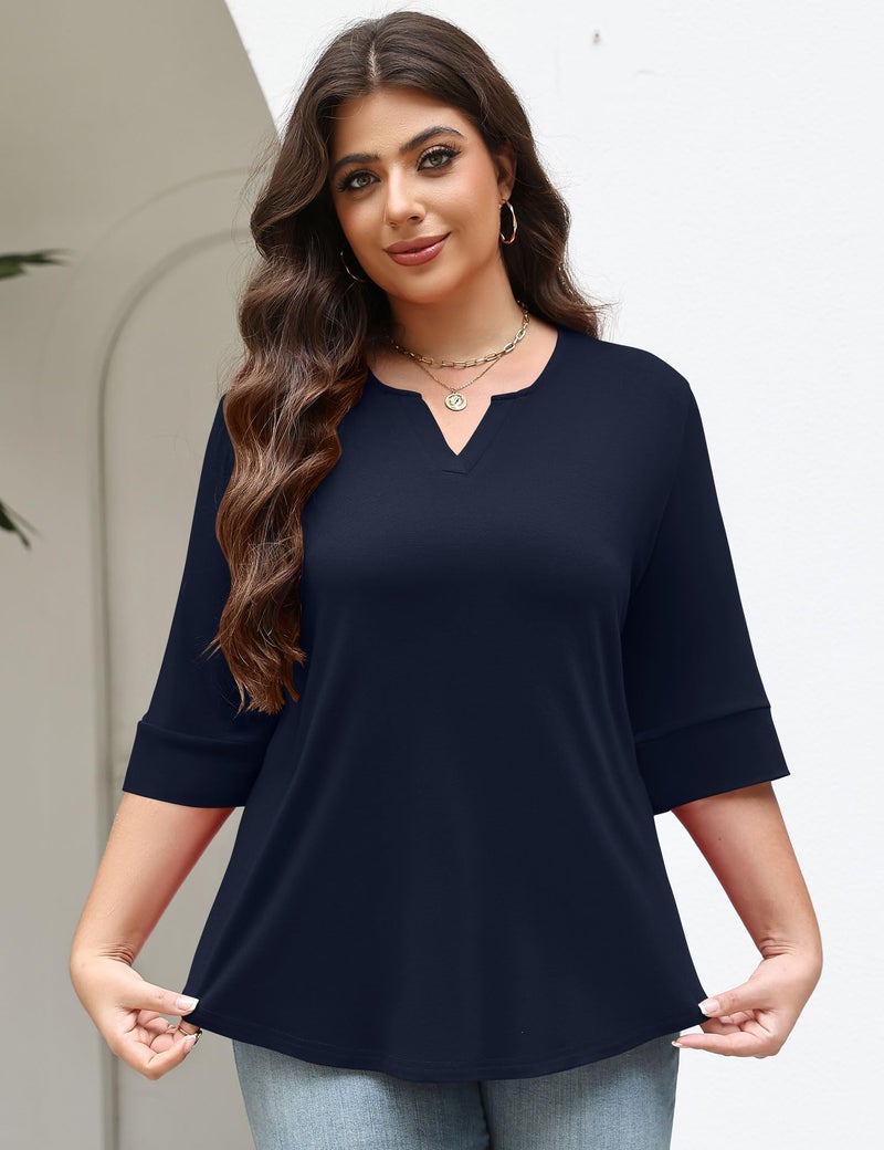 TFSDOD Plus Size Womens Tops Elbow Length Sleeve Tee Shirts for Women Spring Break Outfit V Neck Summer Clothes Navy Blue 3XL - Image 4