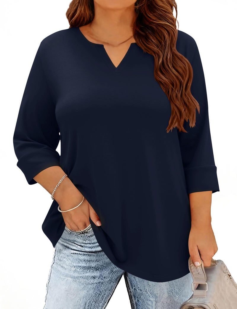 TFSDOD Plus Size Womens Tops Elbow Length Sleeve Tee Shirts for Women Spring Break Outfit V Neck Summer Clothes Navy Blue 3XL - Image 1