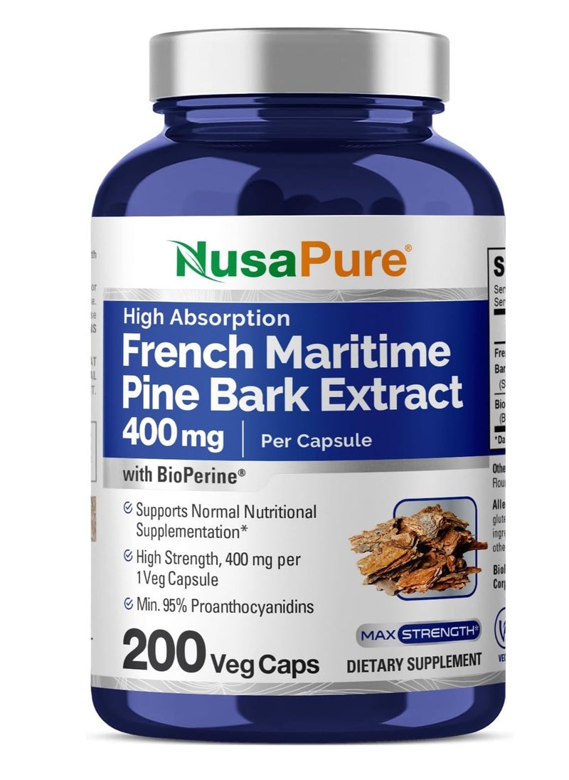 NusaPure - French Maritime Pine Bark Extract 400mg per Veggie Caps 200-Day Supply with Bioperine (Non-GMO & Gluten Free) - Image 1