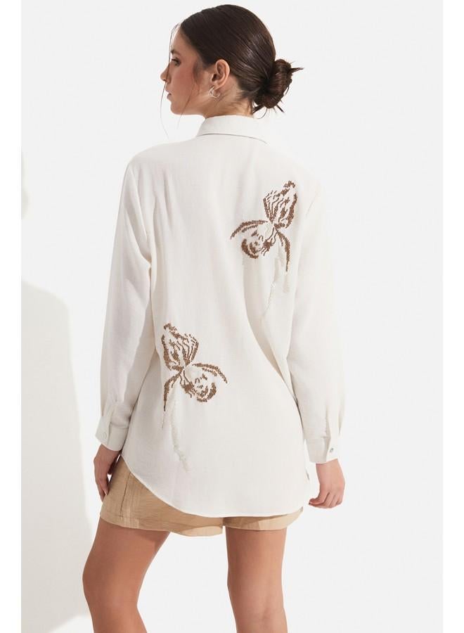 جون قميص نسائي واسع مطرز بتفاصيل بيج من يونيو - Image 5