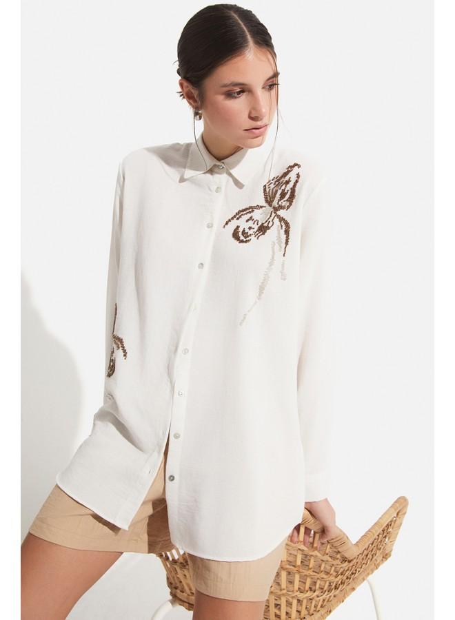 جون قميص نسائي واسع مطرز بتفاصيل بيج من يونيو - Image 4