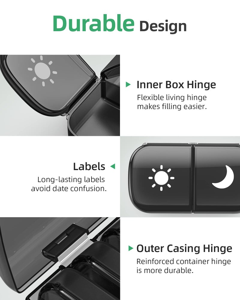 PULIV Extra Large Weekly Pill Organizer 2 Times a Day, One-Side Open Pill Box 7 Day for Easy Filling, Black Privacy Protection AM PM Pill Case for Vitamins, Medication, Supplements, Fish Oils Black - Image 4