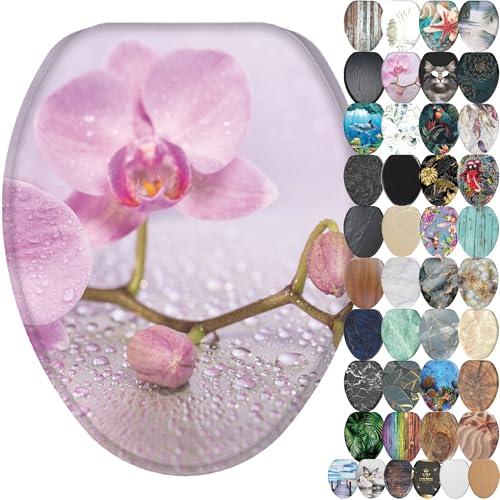 SANILO Wooden Toilet Seat with Soft Close [ELONGATED] - Decorative, Quiet & Slow Close Molded Wood Seat - With Strong Bumpers & Hinges - Adjustable Fit - Blooming - Image 1