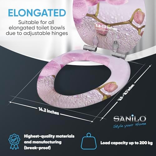 SANILO Wooden Toilet Seat with Soft Close [ELONGATED] - Decorative, Quiet & Slow Close Molded Wood Seat - With Strong Bumpers & Hinges - Adjustable Fit - Blooming - Image 4