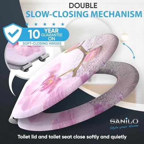 SANILO Wooden Toilet Seat with Soft Close [ELONGATED] - Decorative, Quiet & Slow Close Molded Wood Seat - With Strong Bumpers & Hinges - Adjustable Fit - Blooming - Image 3