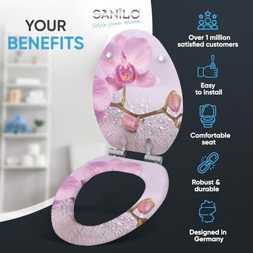SANILO Wooden Toilet Seat with Soft Close [ELONGATED] - Decorative, Quiet & Slow Close Molded Wood Seat - With Strong Bumpers & Hinges - Adjustable Fit - Blooming - Image 2