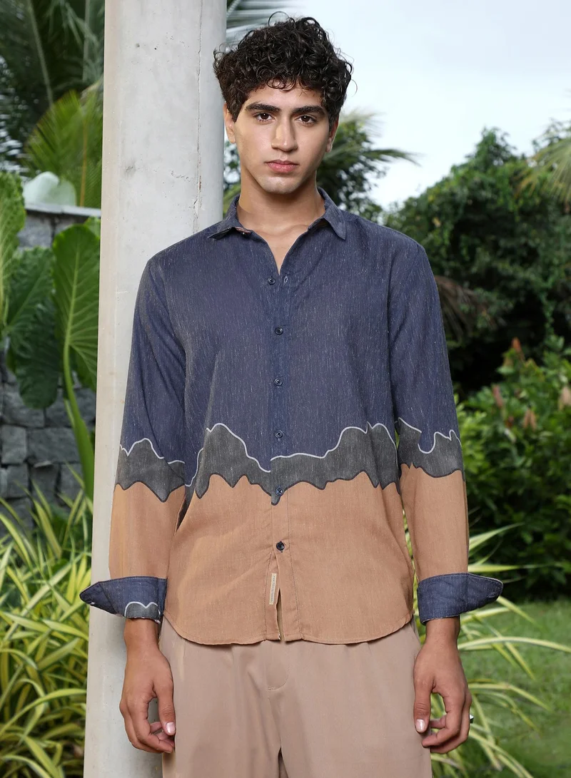 Campus Sutra Campus Sutra Men Brushline Imprint Shirt | Spread Collar, Full Sleeve, Abstract Color Block Design, Curved Hem | Cotton Blend Fabric for Everyday Casual | Indigo Blue & Ash Brown