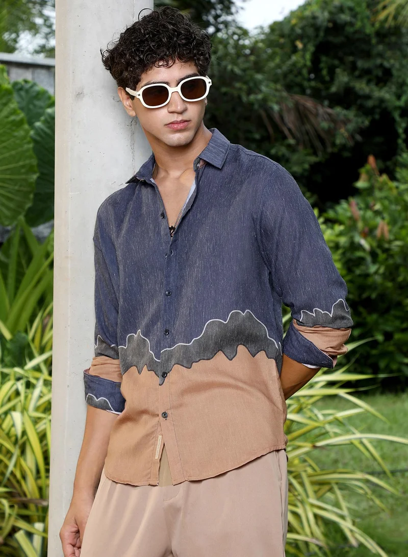 Campus Sutra Campus Sutra Men Brushline Imprint Shirt | Spread Collar, Full Sleeve, Abstract Color Block Design, Curved Hem | Cotton Blend Fabric for Everyday Casual | Indigo Blue & Ash Brown
