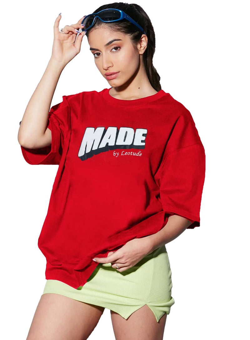 LEOTUDE Women's Oversized Round Neck T-Shirts (GRL_FS49_Gry_CRSH_P_1Red_S) - Image 1