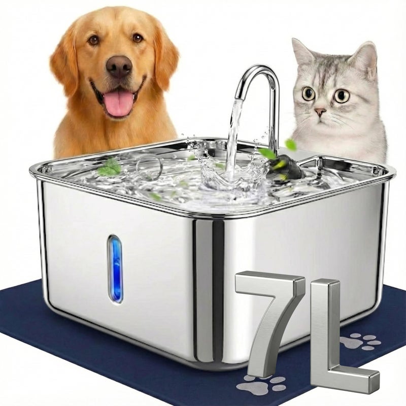 RMH 7L Stainless Steel Dog & Cat Water Fountain with Large Waterproof Mat â€“ Automatic Pet Drinking Fountain for Large Dogs & Multi-Pet Homes, Quiet Pump, 3-Stage Filtration, LED Water Window - Image 1