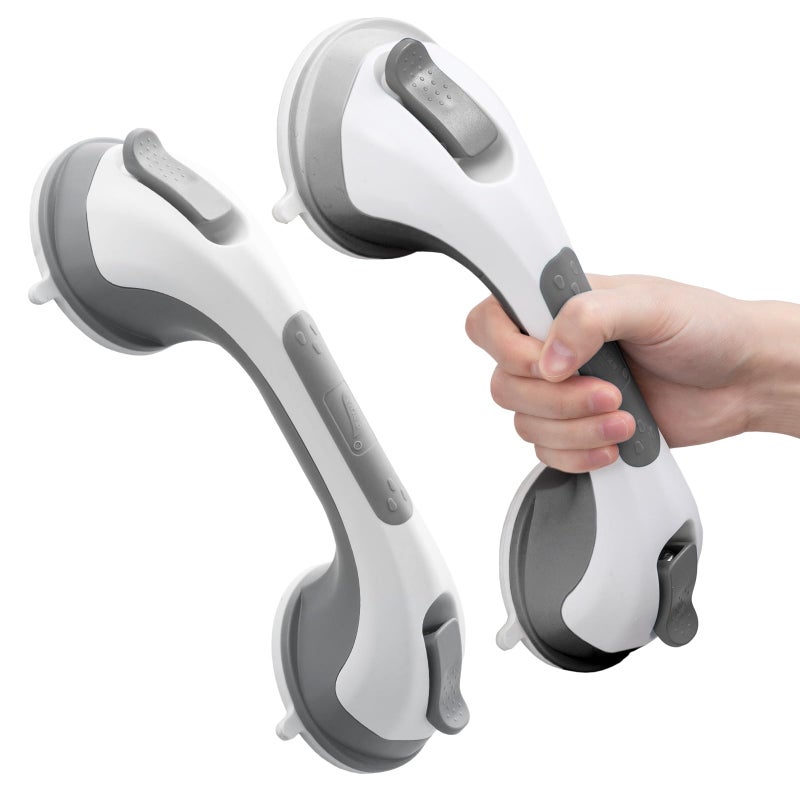LEVERLOC Grab Bars for Bathtubs and Showers 2 Pack Suction Grab Bar, Heavy Duty 12 Inch Shower Handle Removable Bath Handrails for Seniors and Elderly, Bathroom Safety Grip No Drilling Waterproof Grey - Image 1