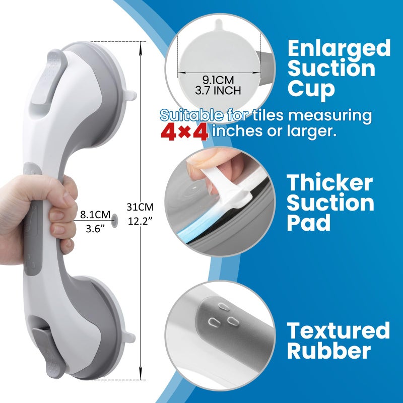 LEVERLOC Grab Bars for Bathtubs and Showers 2 Pack Suction Grab Bar, Heavy Duty 12 Inch Shower Handle Removable Bath Handrails for Seniors and Elderly, Bathroom Safety Grip No Drilling Waterproof Grey - Image 4