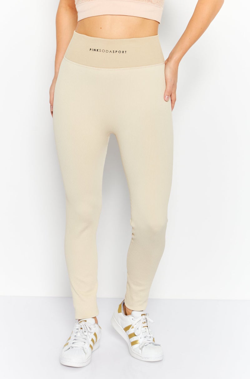 Pink Soda Sport Women Sportswear Fit Ribbed Training Tights, Beige - Image 1
