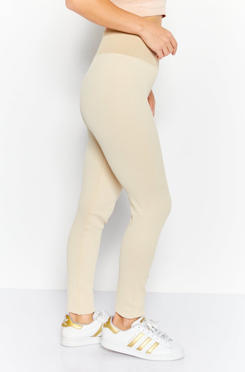 Pink Soda Sport Women Sportswear Fit Ribbed Training Tights, Beige - Image 3