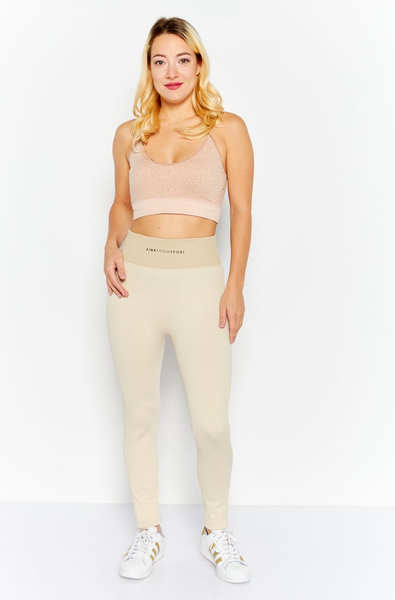Pink Soda Sport Women Sportswear Fit Ribbed Training Tights, Beige - Image 2