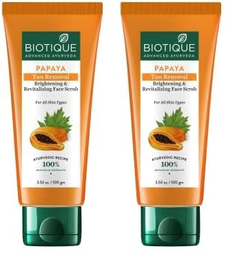 Biotique Papaya Tan Removal Brightening Revitalizing Face Scrub Gentle Exfoliation Smooth and Clear Complexation 100 Botanical Extracts Suitable for All Skin Types 100g Pack of 2 - Image 1
