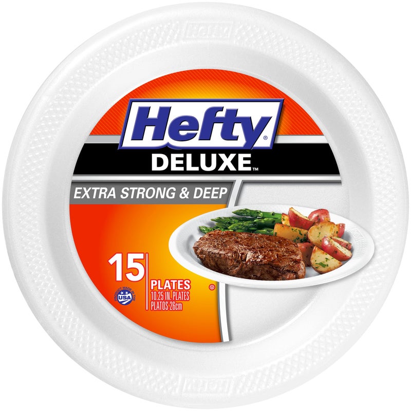 Hefty Deluxe Extra Strong & Deep Foam Plates  Round  White  10.25 Inch  15 Count - Image 1